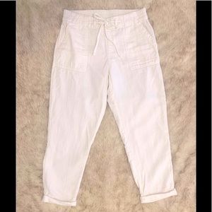 White Herringbone Knit Linen Cuffed Ankle Pants